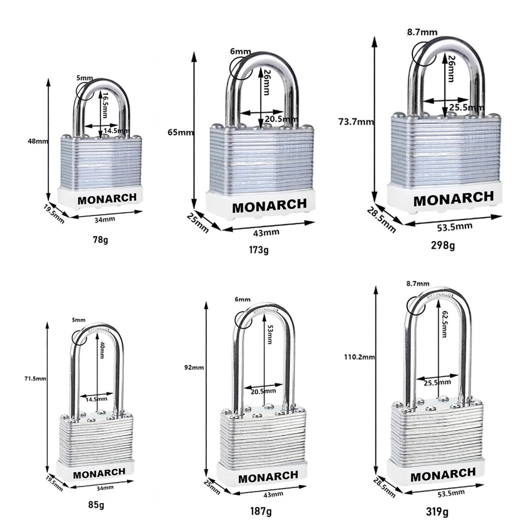 Heavy Duty Steel Padlock - Keyed Alike size specifications